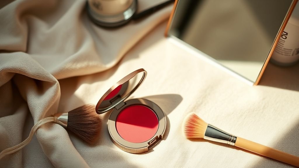 Blush rouge : la teinte qui donne un effet retour de vacances 2 Blush rouge, pinceau et accessoires de maquillage posés sur un linge clair sous lumière naturelle