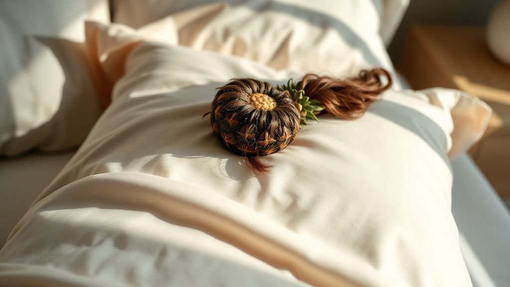 Taie en satin et cheveux attachés en ananas sur un oreiller, dans une chambre lumineuse et apaisante