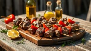 Brochettes d’agneau mariné : recette simple et parfumée 2 Brochettes d’agneau marinées sur une table en bois avec citron, poivron et herbes fraîches