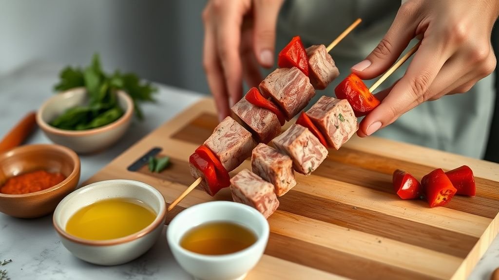 Mains assemblant des brochettes d’agneau avec poivron rouge sur un plan de travail en bois