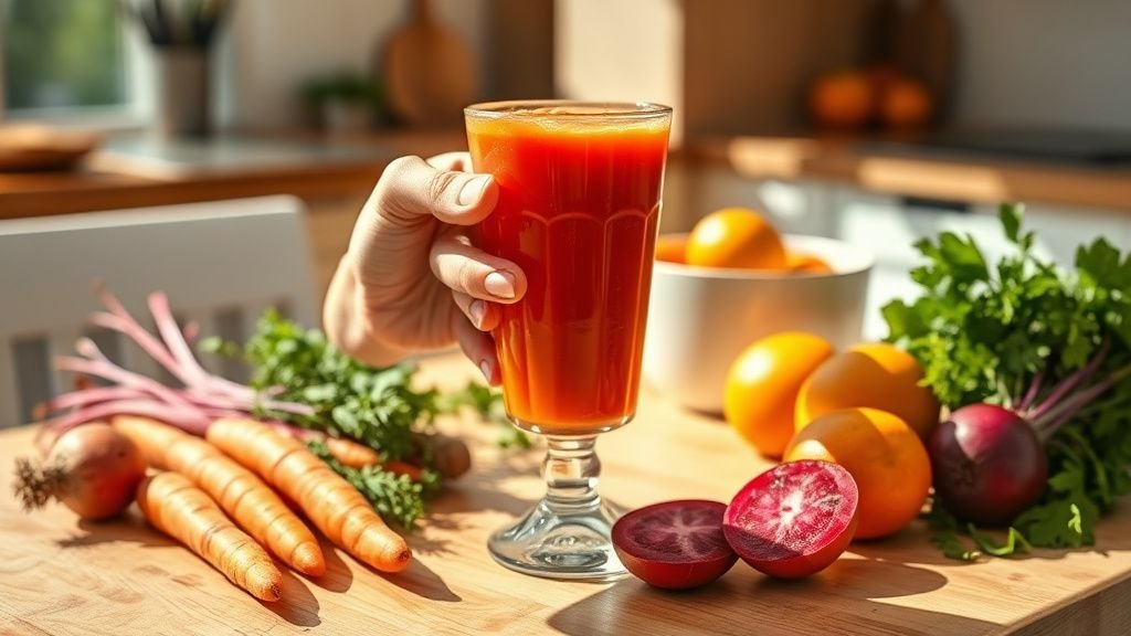 Bronzage naturel : le jus maison à adopter avant l’été 1 Verre de jus maison aux carottes, betterave et orange sur une table en bois, lumière naturelle d’été