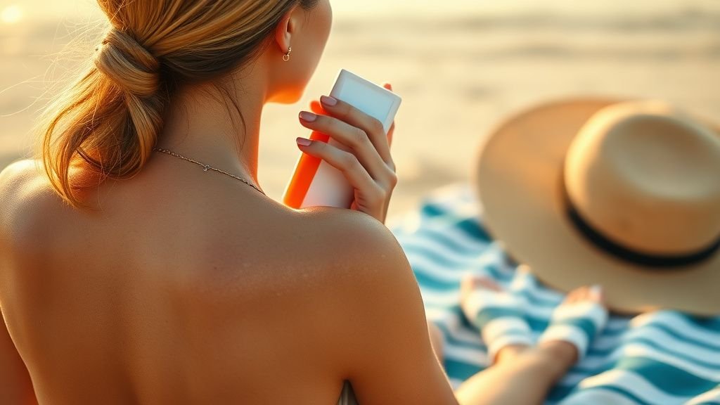 Bronzage naturel : le jus maison à adopter avant l’été 2 Mains appliquant de la crème solaire sur des épaules à la lumière dorée, ambiance plage apaisée