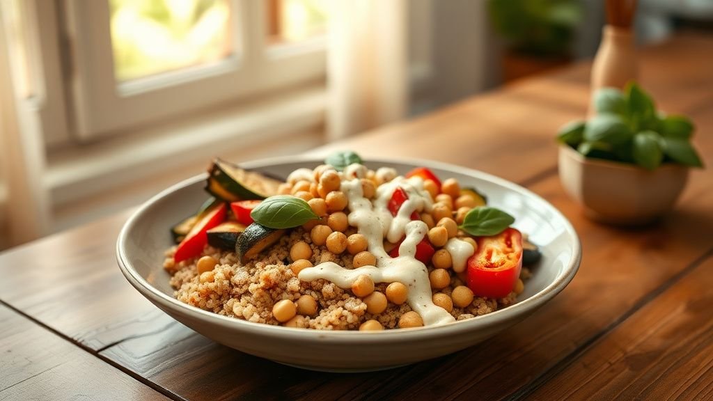 Buddha bowl quinoa d’été : recette colorée et légère 1 Buddha bowl quinoa d’été avec légumes rôtis, pois chiches et sauce tahini sur table en bois