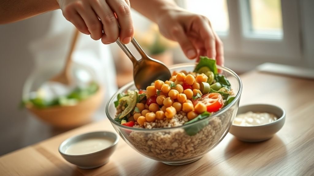 Buddha bowl quinoa d’été : recette colorée et légère 2 Mains assemblant un bowl de quinoa d’été avec légumes rôtis et sauce tahini sous lumière naturelle