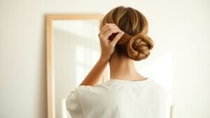 Femme attachant un chignon bas dans une ambiance d’été lumineuse et naturelle