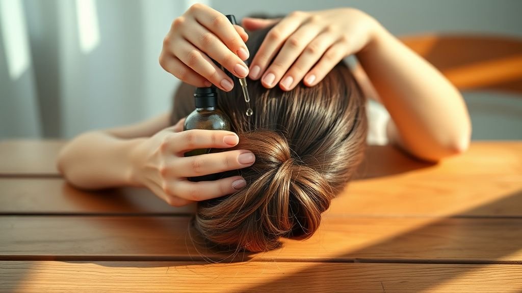 Chignon bas chic : la coiffure idéale quand il fait très chaud 2 Mains appliquant quelques gouttes d’huile sèche sur les longueurs avant un chignon bas
