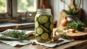 Concombre lacto-fermenté : la recette simple et croquante 2 Bocal de concombre lacto-fermenté avec aneth et ail sur un plan de travail en bois