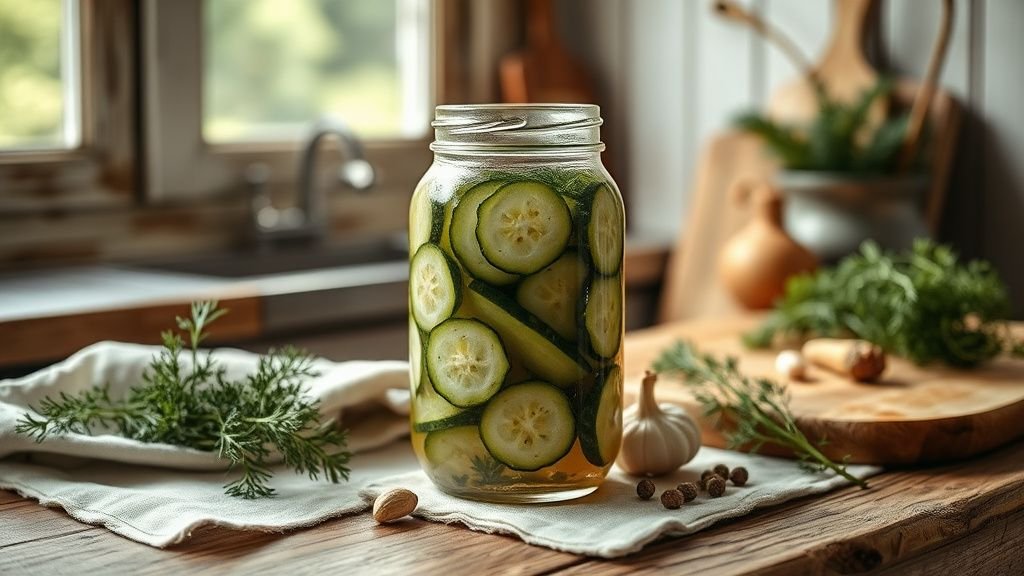 Bocal de concombre lacto-fermenté avec aneth et ail sur un plan de travail en bois