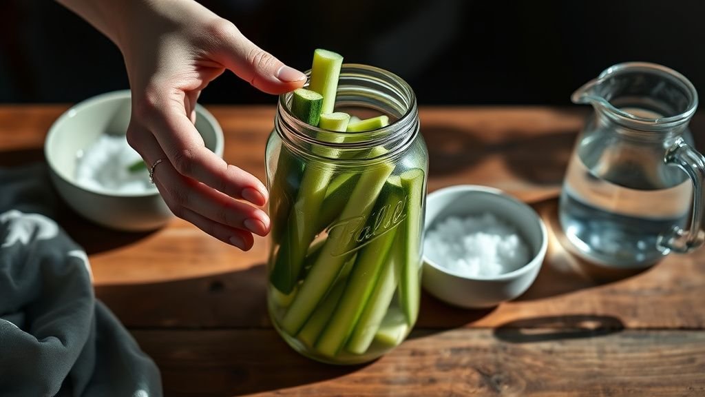 Mains préparant un bocal de concombre lacto-fermenté avec sel et eau sur une table en bois