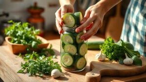 Mains préparant une conserve de courgette dans un bocal en verre avec herbes fraîches et lumière naturelle