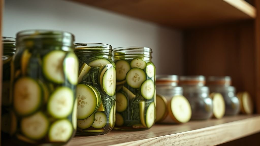 Conserve de courgette aigre-douce : la recette simple 2 Bocaux en verre remplis de courgettes et d’herbes sur une étagère de cuisine sous lumière douce