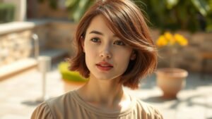 Coupe au carré et boucles naturelles : l’astuce été 1 Femme aux cheveux au carré ondulé dans une ambiance estivale lumineuse et naturelle