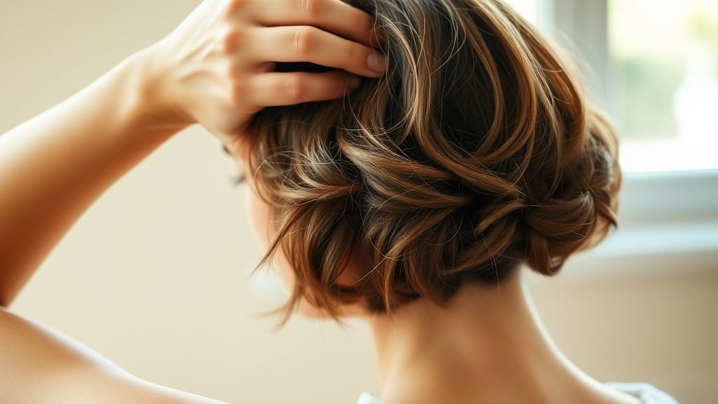 Coupe au carré et boucles naturelles : l’astuce été 2 Mains coiffant un carré bouclé en demi-queue dans une lumière naturelle douce