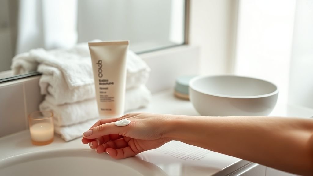 Crème réparatrice peau irritée : le soin à avoir chez soi 1 Main appliquant une crème réparatrice sur un bras légèrement irrité dans une salle de bain lumineuse
