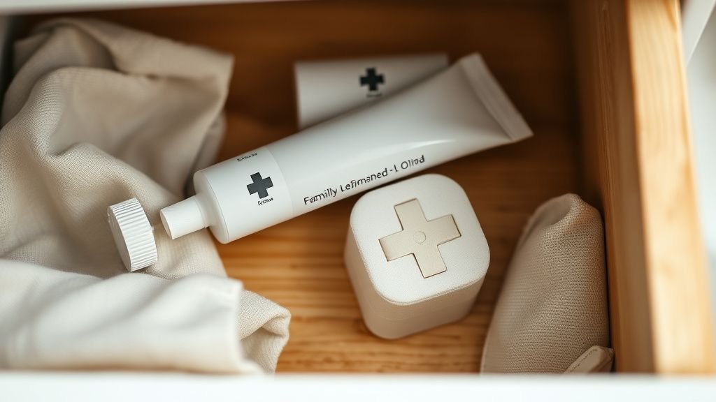 Crème réparatrice peau irritée : le soin à avoir chez soi 2 Tiroir de salle de bain avec un tube de crème réparatrice, des compresses et un linge en tissu