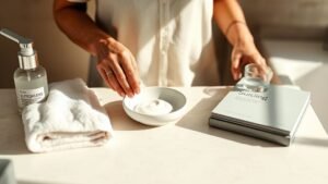 Crème solaire peau mature : le choix conseillé par les dermatos 3 Mains posant une crème solaire sur un plan de travail en pierre dans une salle de bain lumineuse