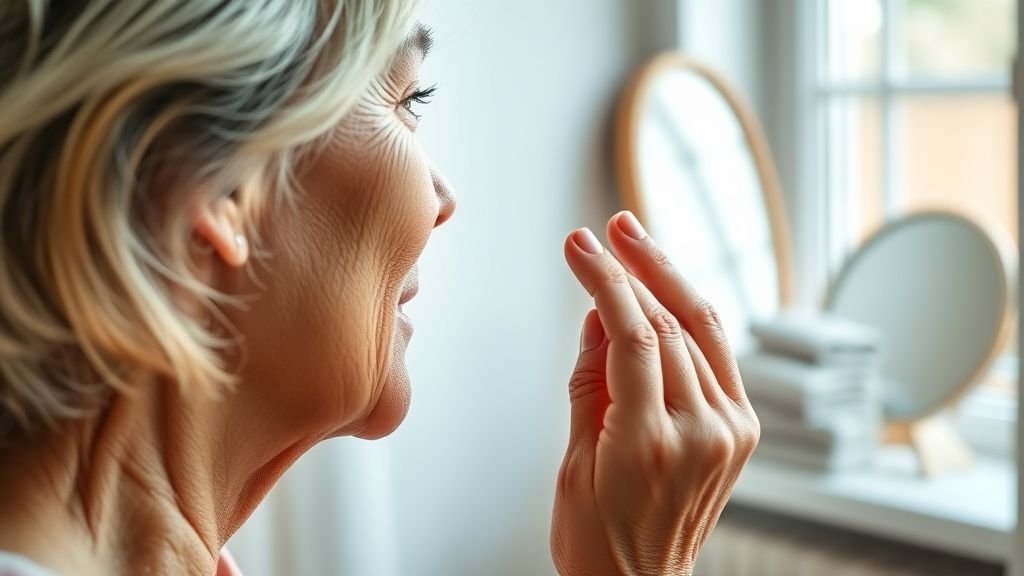 Femme appliquant une crème solaire sur son visage près d’une fenêtre, dans une lumière douce