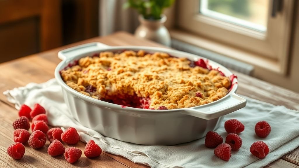 Crumble aux framboises doré dans un plat rustique avec framboises fraîches sur une table en bois