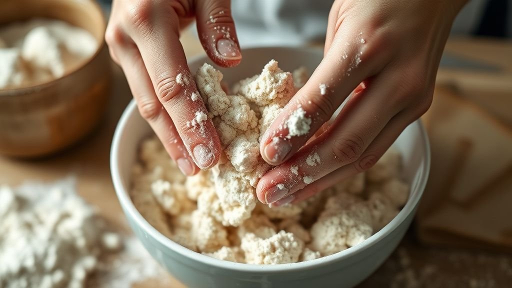 Mains travaillant une pâte à crumble sableuse dans un saladier sous lumière naturelle