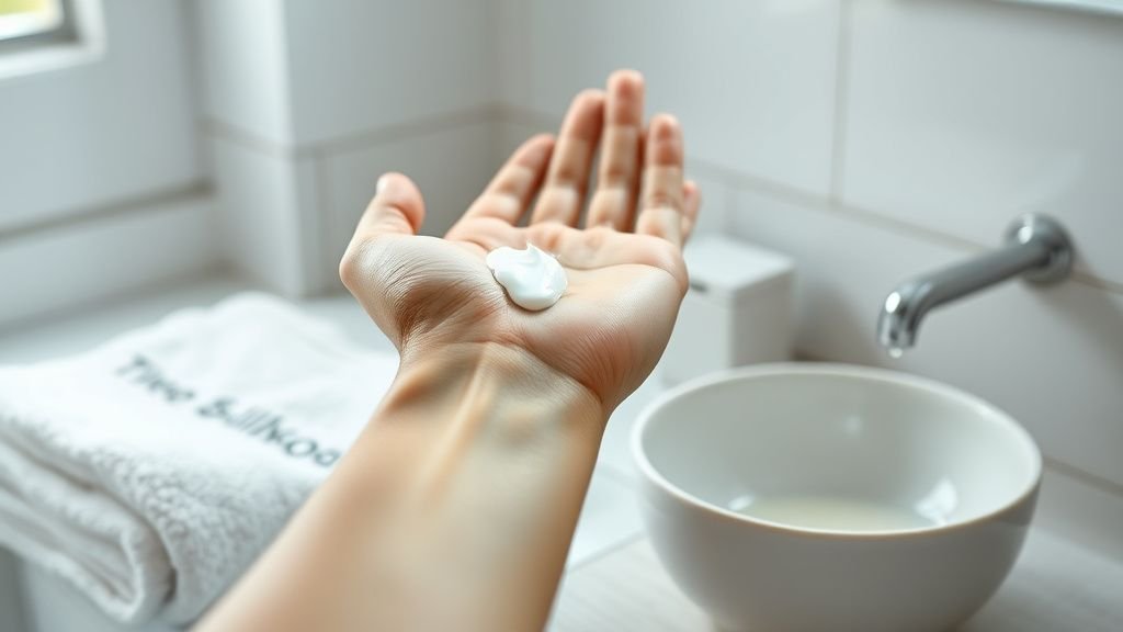 Main appliquant une crème hydratante sur un avant-bras humide après la douche