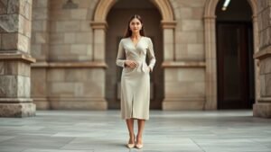 Silhouette élégante en robe beige avec escarpins nude, dans une ambiance lumineuse et raffinée