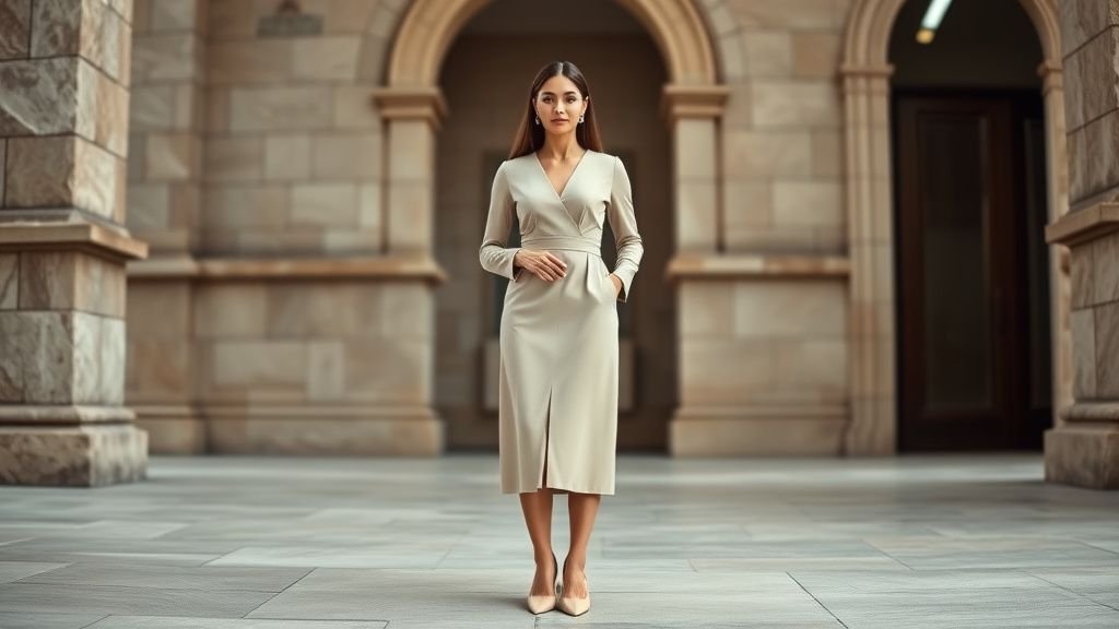 Silhouette élégante en robe beige avec escarpins nude, dans une ambiance lumineuse et raffinée