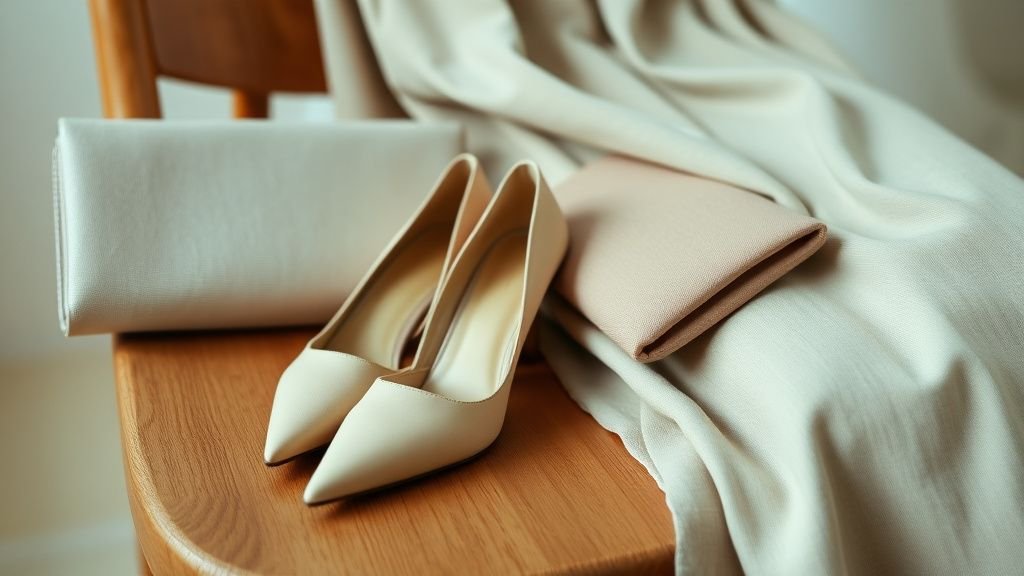 Gros plan sur des escarpins beige et des accessoires nude posés dans une ambiance douce et élégante