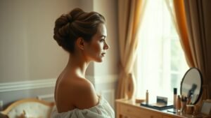 Portrait élégant inspiré de l’évolution beauté de Mathilde de Belgique avec maquillage discret et coiffure soignée