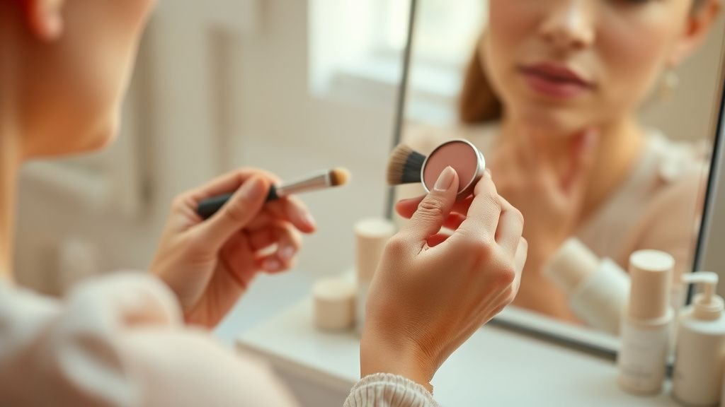 Évolution beauté de Mathilde de Belgique : les clés du style 2 Mains appliquant un blush léger devant un miroir dans une routine beauté douce et naturelle
