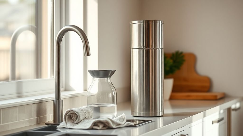 Filtre à eau en inox posé sur un plan de travail de cuisine baigné de lumière naturelle