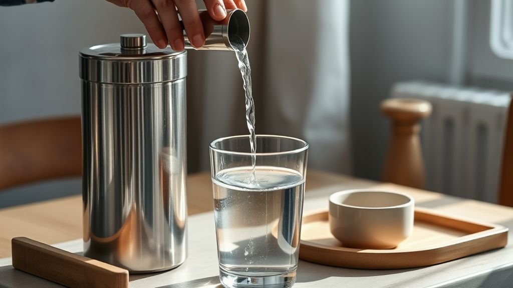 Mains versant de l’eau dans un filtre à gravité en inox sur un plan de travail calme