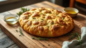 Focaccia sans gluten à l’ail et aux herbes, moelleuse 2 Focaccia sans gluten dorée sur une table en bois avec romarin frais et huile d’olive