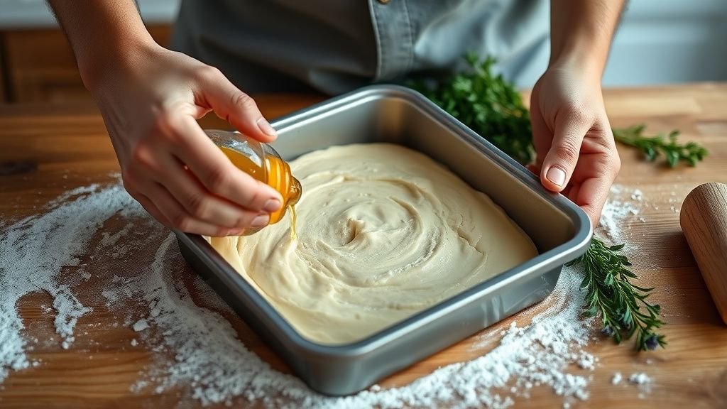 Focaccia sans gluten à l’ail et aux herbes, moelleuse 2 Mains huilant un moule et étalant une pâte de focaccia sans gluten dans une cuisine lumineuse