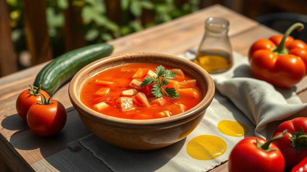 Bol de gaspacho à la tomate et concombre servi froid sur une table en bois en lumière naturelle