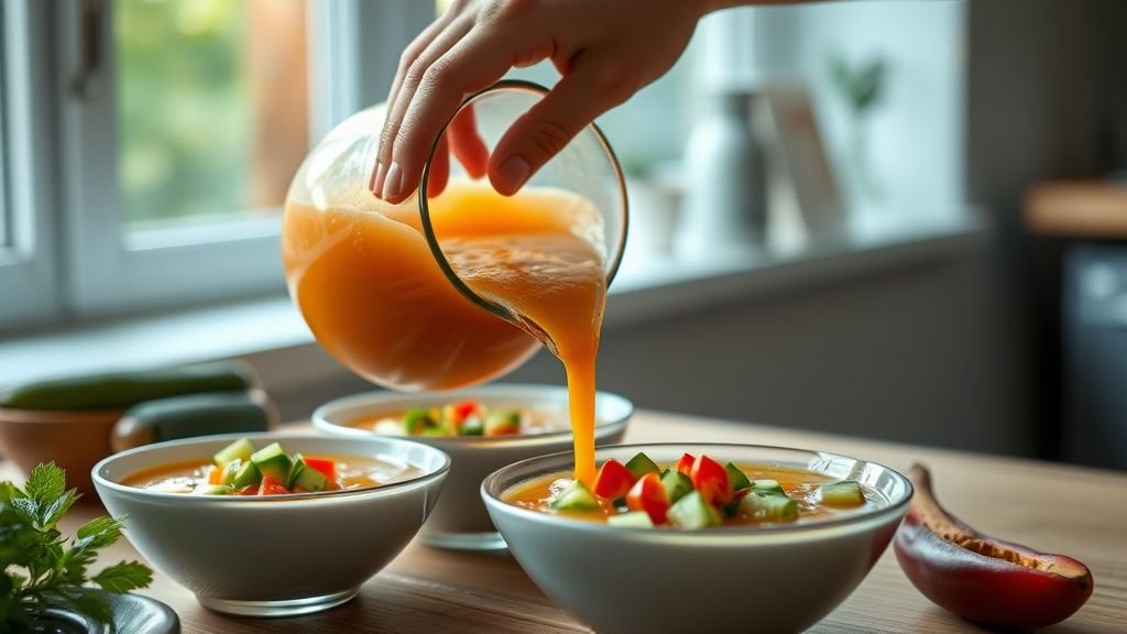 Mains versant un gaspacho à la tomate frais dans des bols avec garniture de concombre et poivron