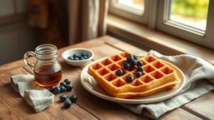 Gaufres sans gluten au levain servies avec des myrtilles et du sirop d’érable sur une table chaleureuse