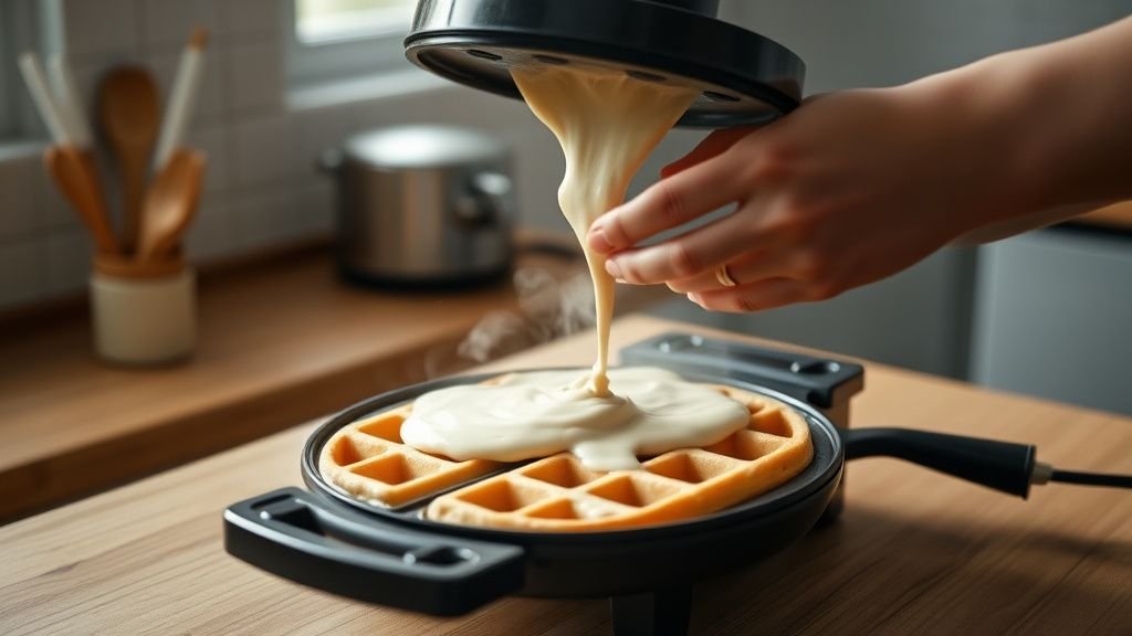 Mains versant la pâte à gaufres dans un gaufrier sur un plan de travail en bois sous lumière naturelle