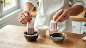 Mains préparant une glace plus légère maison avec chocolat fondu sur un plan de travail en bois