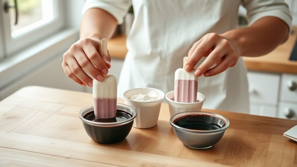 Mains préparant une glace plus légère maison avec chocolat fondu sur un plan de travail en bois