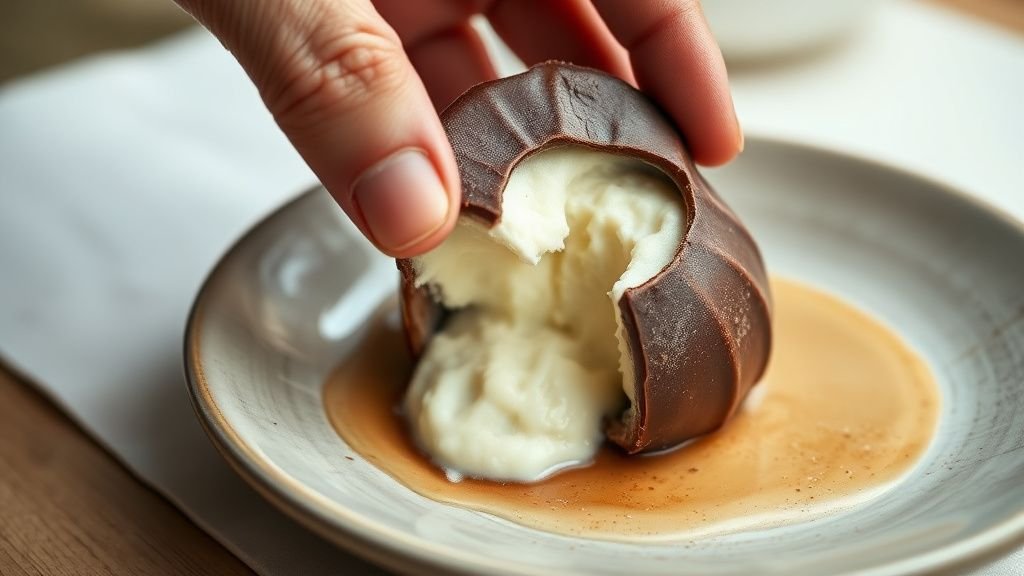 Gros plan sur une glace maison légère avec coque chocolatée croquée et cœur fondant
