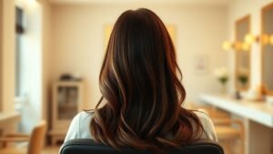 Chevelure brune illuminée par des reflets dorés dans une ambiance de salon douce et naturelle