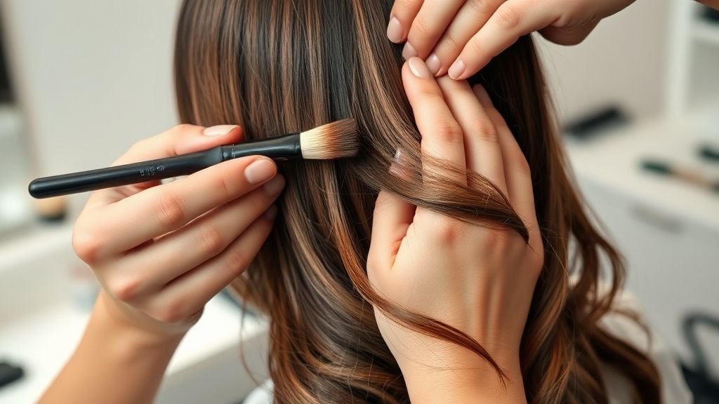 Mains d’un coloriste appliquant des mèches caramel sur des cheveux bruns dans une ambiance naturelle