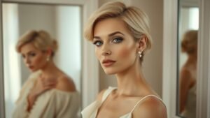 Portrait élégant d’une femme au style vintage avec coupe blonde courte et maquillage discret