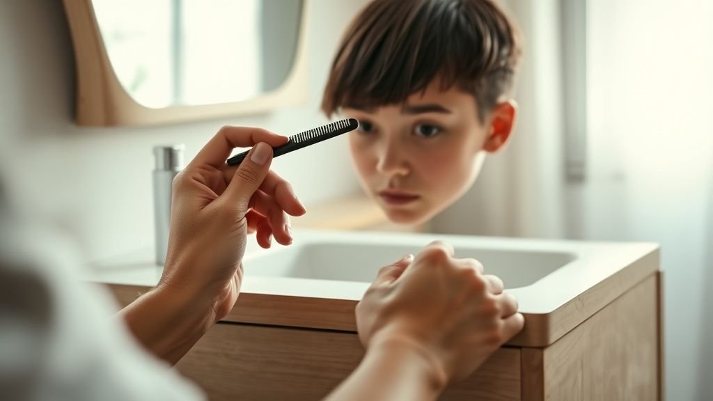Mains coiffant une coupe courte sur une coiffeuse en bois sous lumière naturelle
