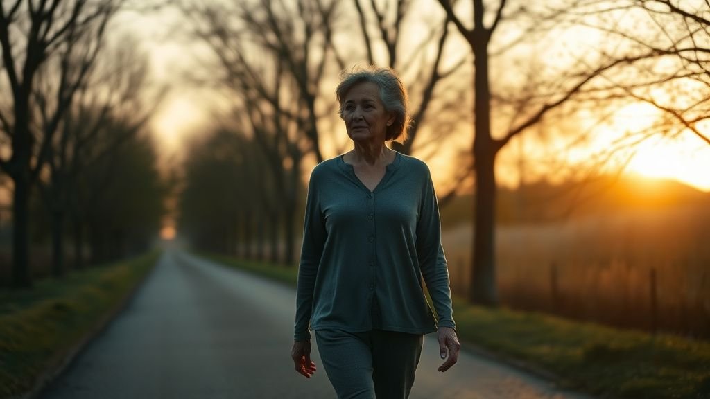 Femme marchant calmement sur un chemin arboré au lever du jour, dans une ambiance douce et apaisante