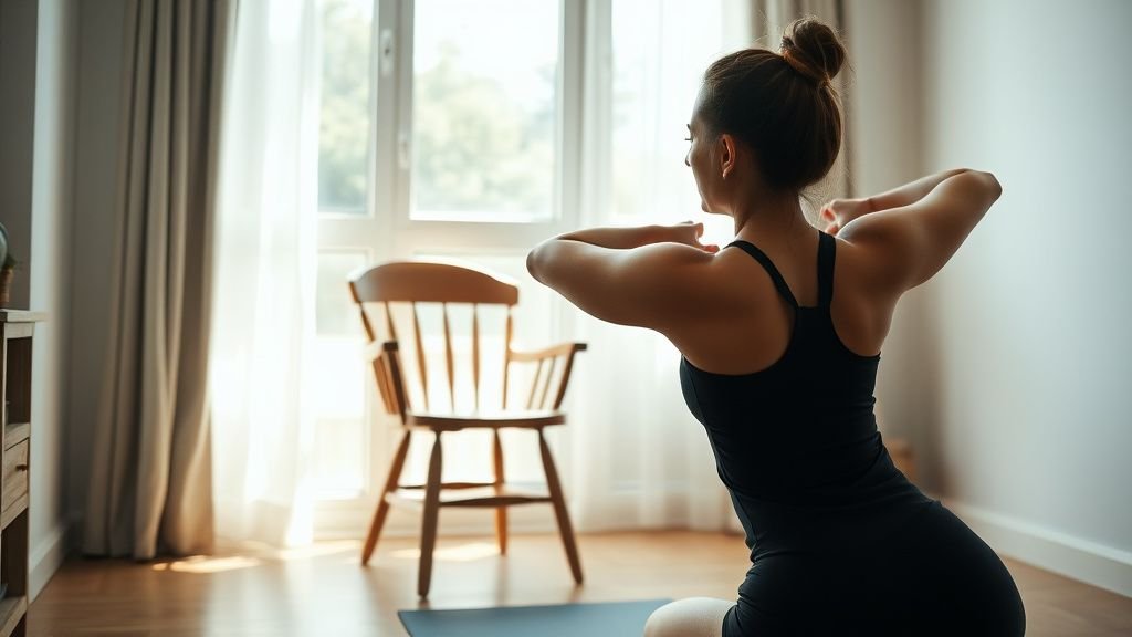 Femme faisant des exercices doux à la maison près d’un tapis de yoga et d’une chaise en bois