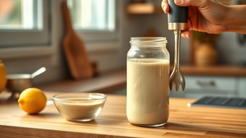 Bocal de mayonnaise sans œuf maison sur un plan de travail en bois avec citron et huile
