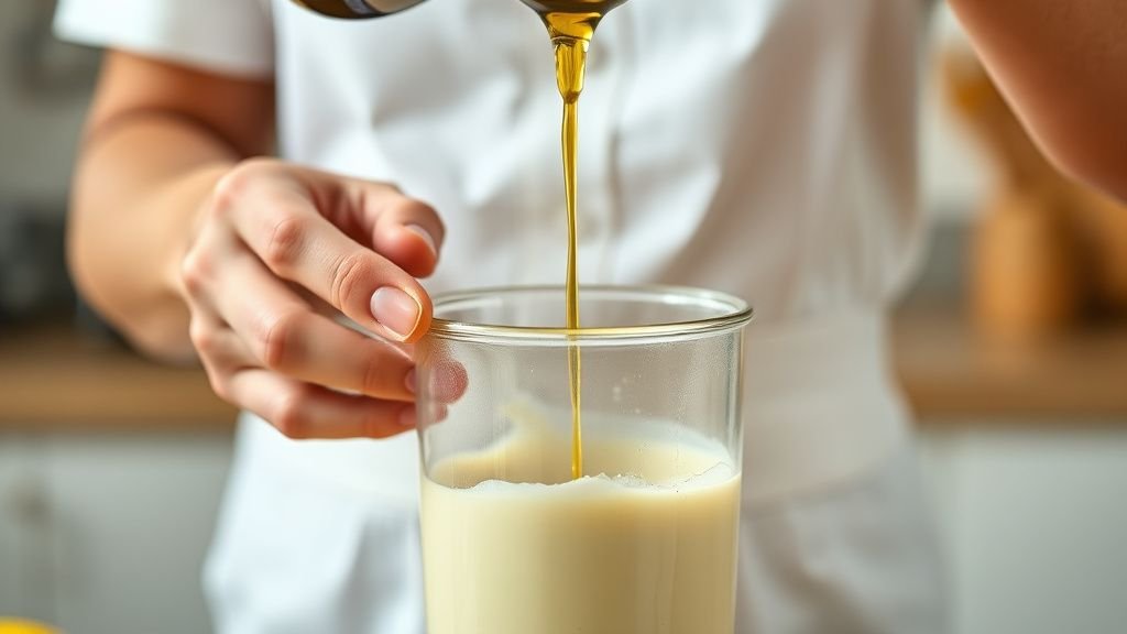 Mains versant l’huile en filet dans un récipient pour monter une mayonnaise sans œuf