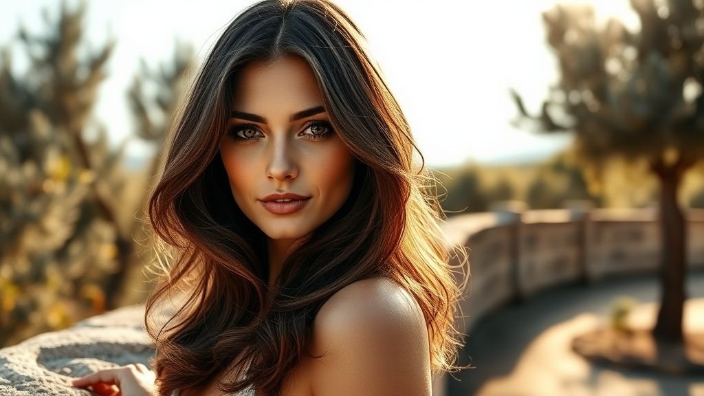 Mocha brunette : la coloration brune star de l’été 1 Femme aux cheveux mocha brunette brillants dans une ambiance d’été naturelle et lumineuse