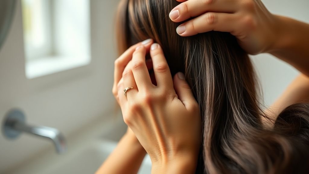 Mocha brunette : la coloration brune star de l’été 2 Mains appliquant un soin gloss sur des cheveux bruns foncés dans une salle de bain lumineuse
